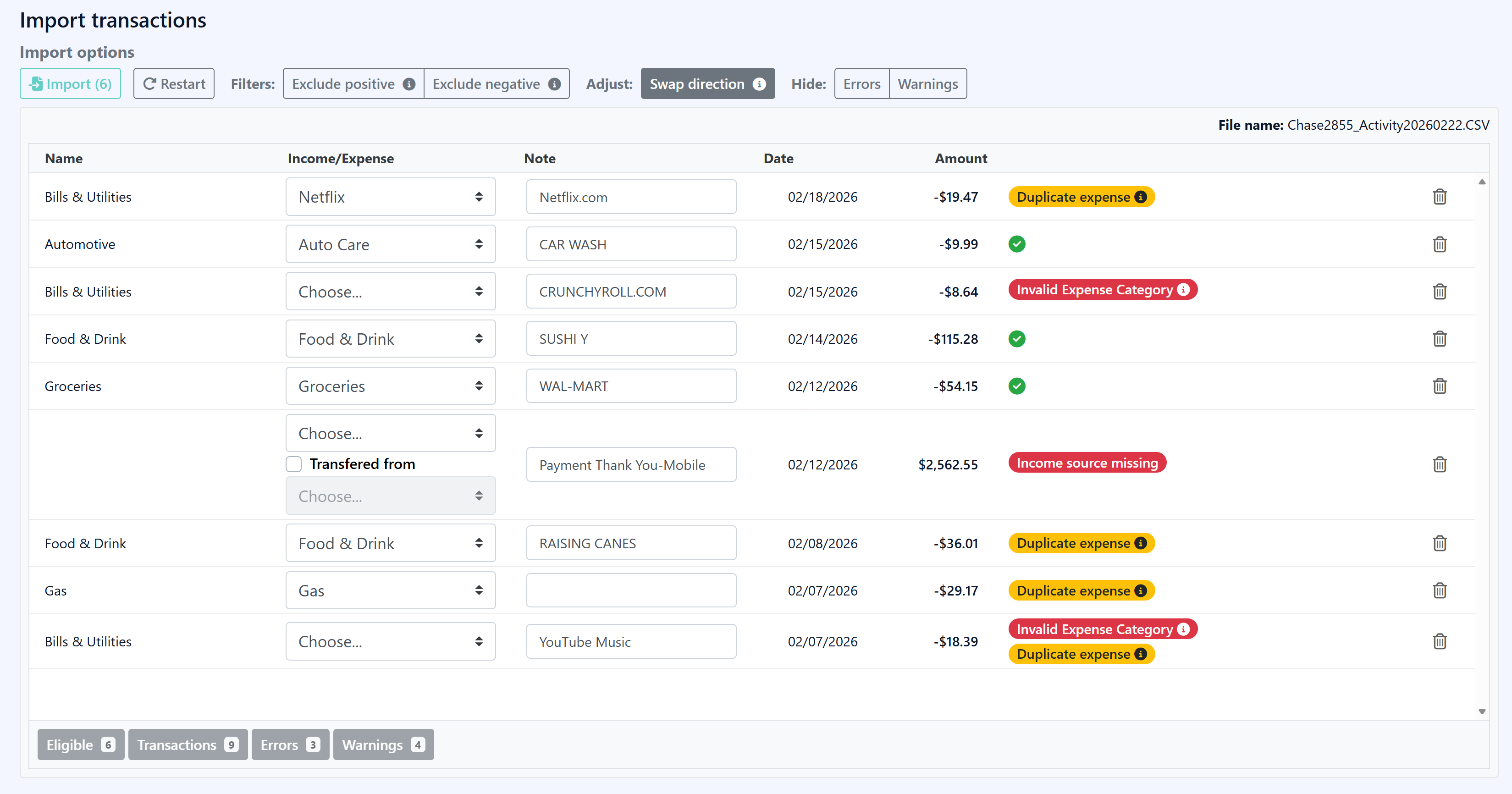 Budget Leashed transaction import feature